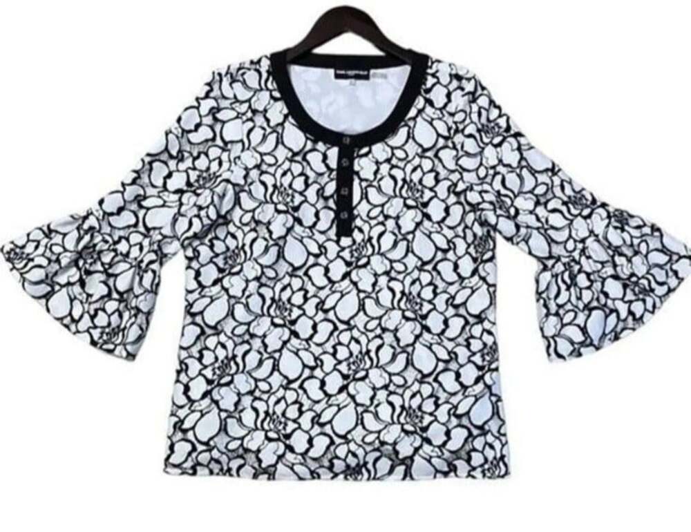 Karl Lagerfeld Paris Blouse Sz XL 3/4 Bell Sleeve Floral Lace Lined Metal Button